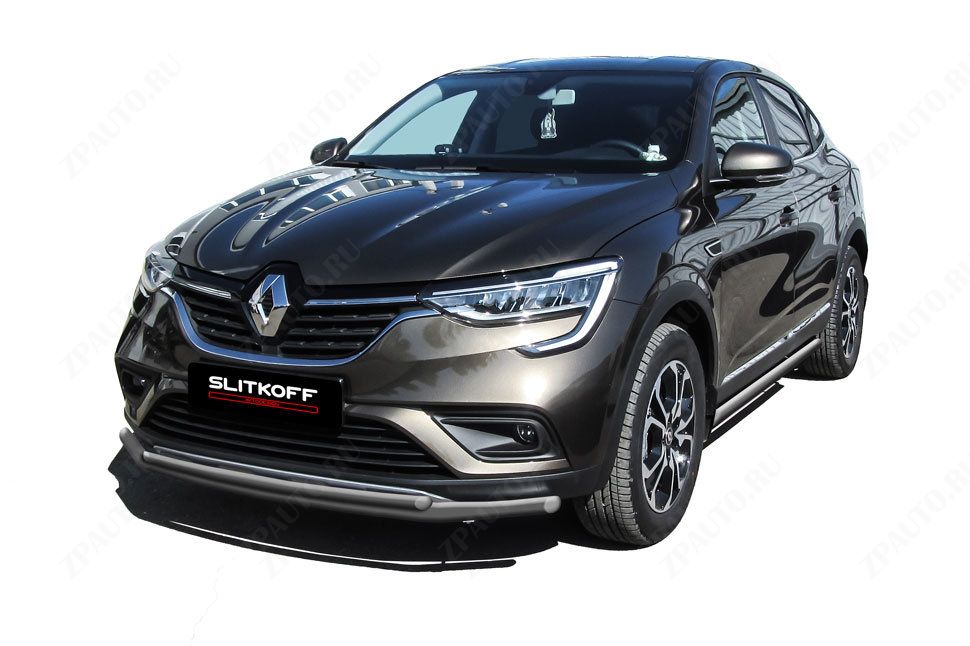 Защита переднего бампера d42+d32 двойная серебристая Renault Arkana (2019-2023) , Slitkoff, арт. RAR4WD001S