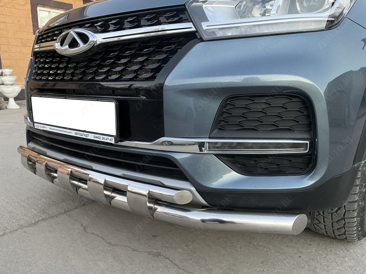 Защита переднего бампера двойная с перемычками для автомобиля Chery Tiggo 4 2019 Рестайлинг арт. CHTG-R.19.75