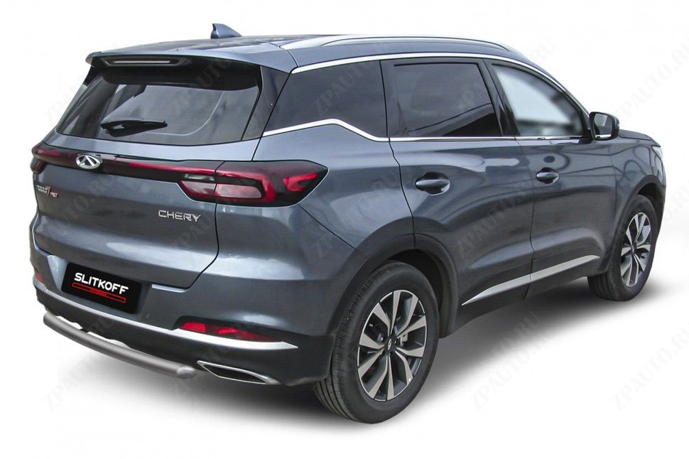 Защита заднего бампера d57 серебристая Chery Tiggo 7 Pro (2020-2023) , Slitkoff, арт. CT7PR-009S