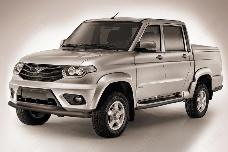 Защита переднего бампера d76+d57 двойная черная Uaz Pickup (2014-2023) , Slitkoff, арт. UPpic14-001B