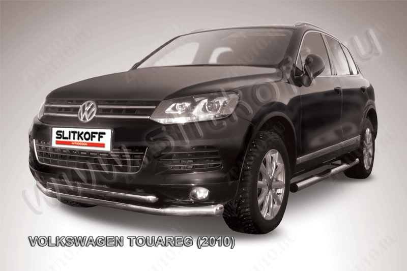 Защита переднего бампера d76+d57 двойная Volkswagen Touareg (2010-2014) Black Edition, Slitkoff, арт. VWTR-002BE