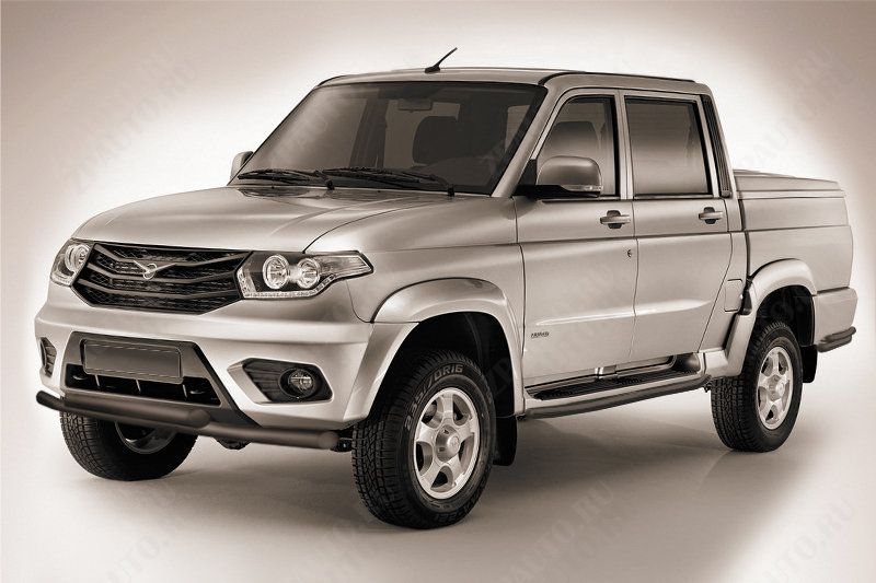 Защита переднего бампера d57+d57 двойная черная Uaz Pickup (2014-2023) , Slitkoff, арт. UPpic14-003B