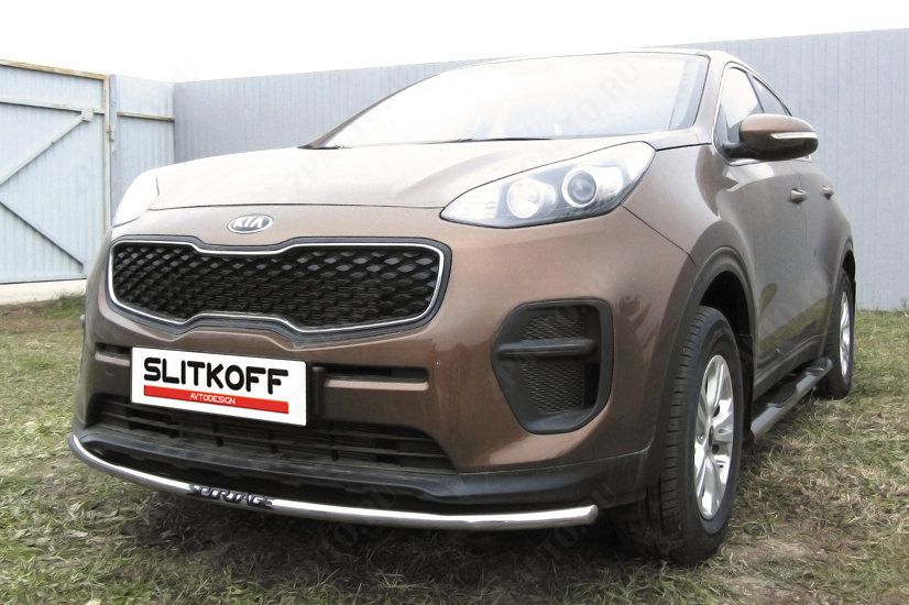 Защита переднего бампера d42 с надписью Kia Sportage (2016-2021) Black Edition, Slitkoff, арт. KSP16-003BE