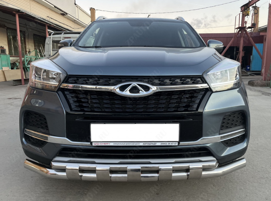 Защита переднего бампера двойная с перемычками для автомобиля Chery Tiggo 4 Pro 2022 арт. CHTGP.4.22.75