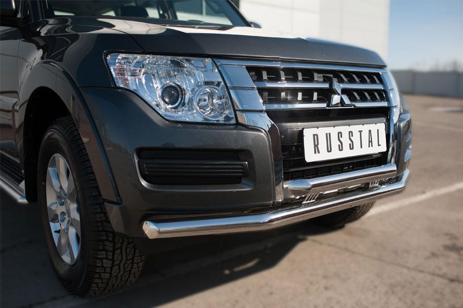 Защита переднего бампера d57/57 с декором для Mitsubishi Pajero 4 2014, Slitkoff MPZ-002043