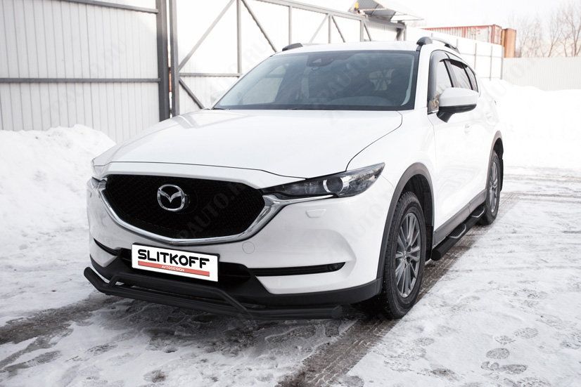 Защита переднего бампера d57+d32 двойная черная Mazda CX-5 (2017-2023) , Slitkoff, арт. MZCX175-01B