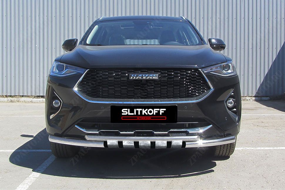 Защита переднего бампера d57+d42 двойная с декоративными элементами Haval F7 F7x (2019-2023) , Slitkoff, арт. HavF7001