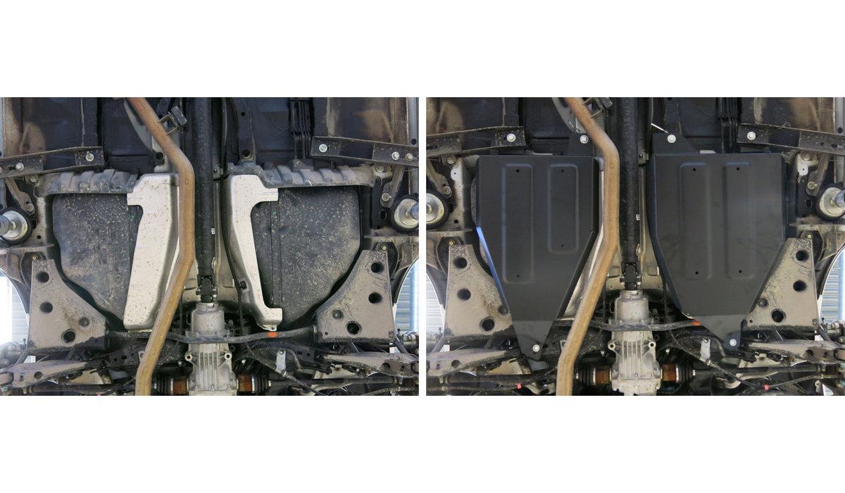 Защита топливного бака АвтоБроня для Nissan Murano Z51, Z52 (V - 3.5) 2007-2016 2016-н.в., штампованная, сталь 1.8 мм, 2 части, с крепежом, 111.04159.1