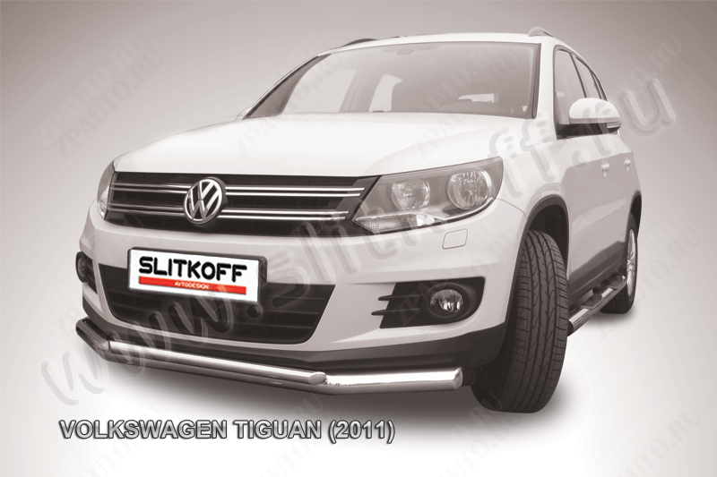 Защита переднего бампера d76+d42 двойная Volkswagen Tiguan (2011-2016) Black Edition, Slitkoff, арт. VWTIG-001BE