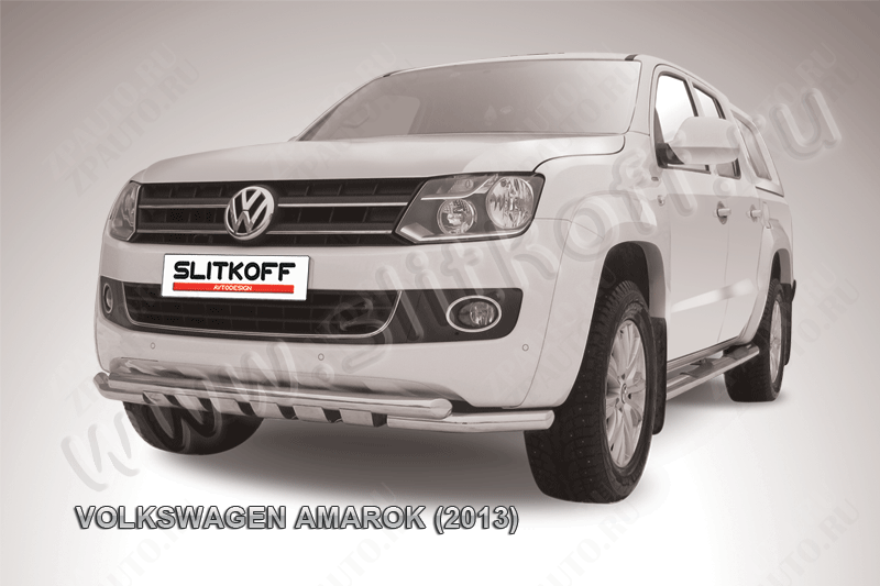 Защита переднего бампера d57+d57 двойная с профильной ЗК Volkswagen Amarok (2010-2016) Black Edition, Slitkoff, арт. VWAM13-005BE