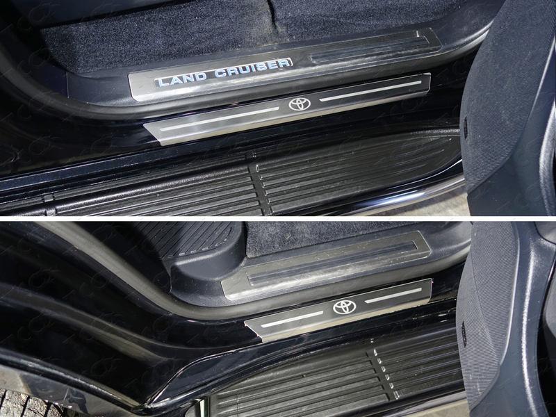 Накладки на пороги с гибом (лист шлифованный логотип Toyota) 4шт для автомобиля Toyota Land Cruiser 200 EXECUTIVE 2016-