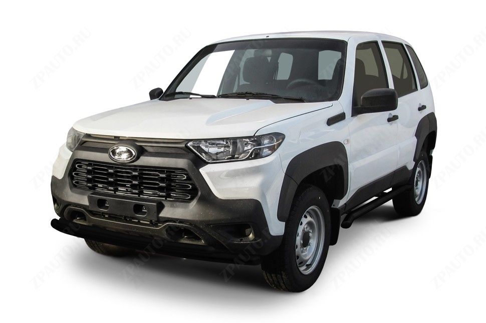 Защита переднего бампера d57+d42 двойная черная Lada Niva Travel (2020-2023) , Slitkoff, арт. NivTR005B