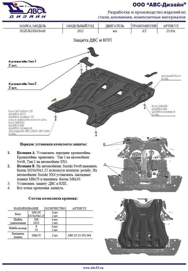 Композитная защита картера и КПП ProRoad для Suzuki Swift (Сузуки Свифт), АВС-Дизайн 23.05k