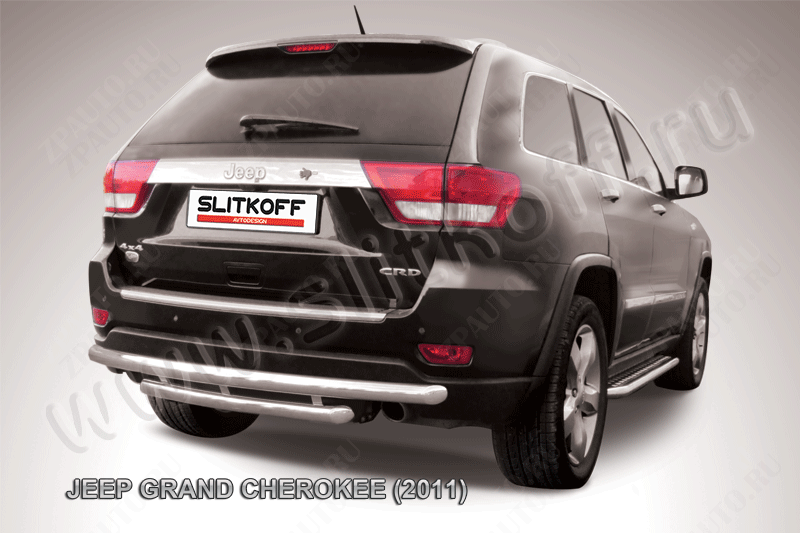 Защита заднего бампера d57+d57 двойная Jeep Grand Cherokee (2010-2013) Black Edition, Slitkoff, арт. JGCH008BE