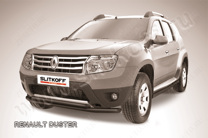 Защита переднего бампера d57+d42 бампера двойная черная Renault Duster (2010-2015) , Slitkoff, арт. RD002B