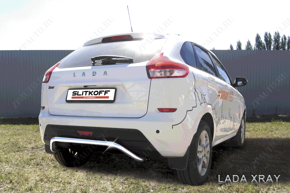 Защита заднего бампера d42 скоба Lada Xray (2015-2023) Black Edition, Slitkoff, арт. LadXR010BE