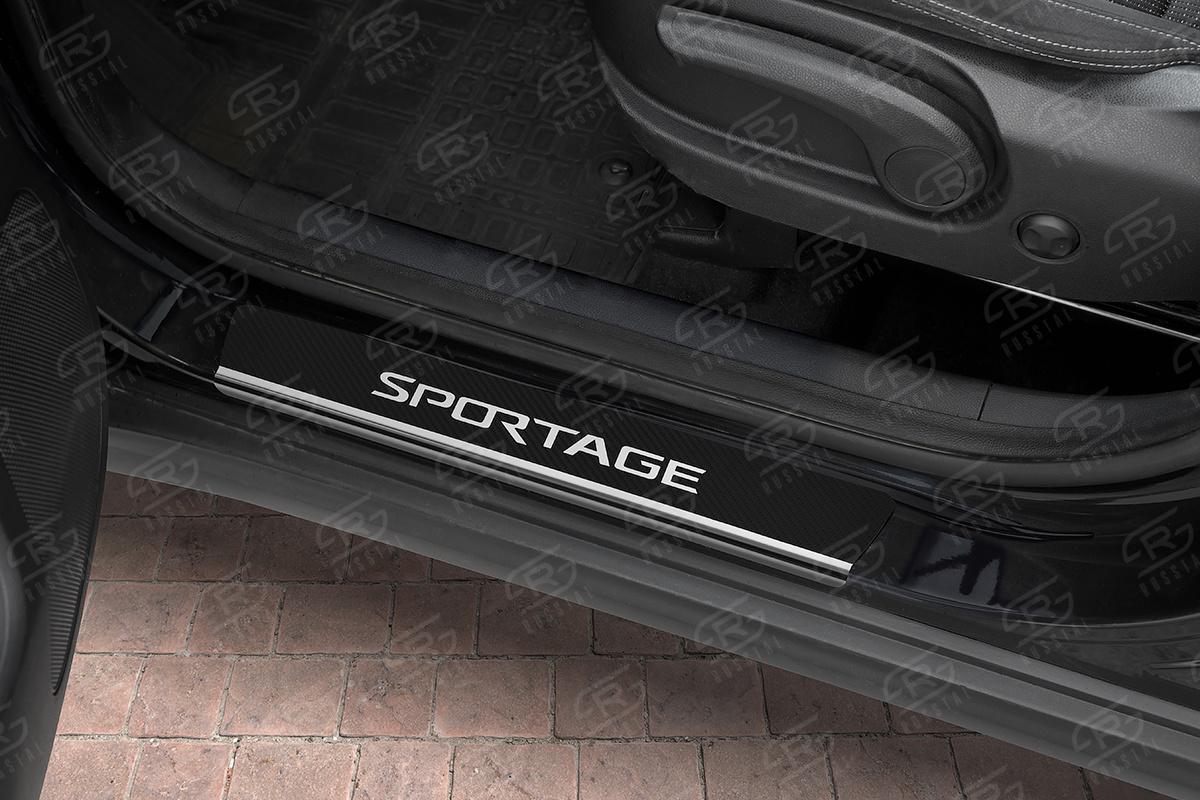 Накладки на пороги RUSSTAL (нерж., карбон, надпись) KISP16-06 для KIA SPORTAGE 2016-2018