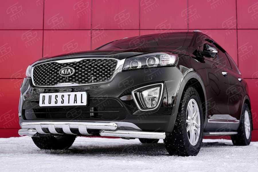 Защита переднего бампера d57/57 уголки с клыками KIA Sorento Prime CRDI 2015, Slitkoff KSPZ-002205