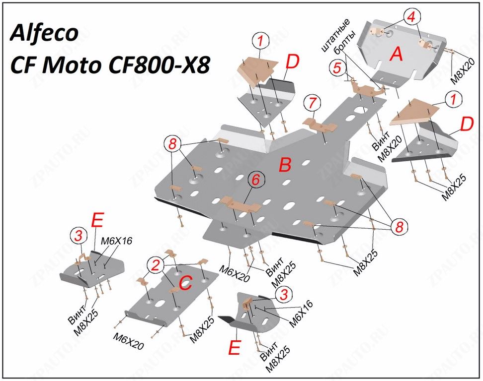Комплект защиты квадроцикла CF Moto CF800- X8 2012-, алюминий 4мм, ALFeco, арт. ALF14019al