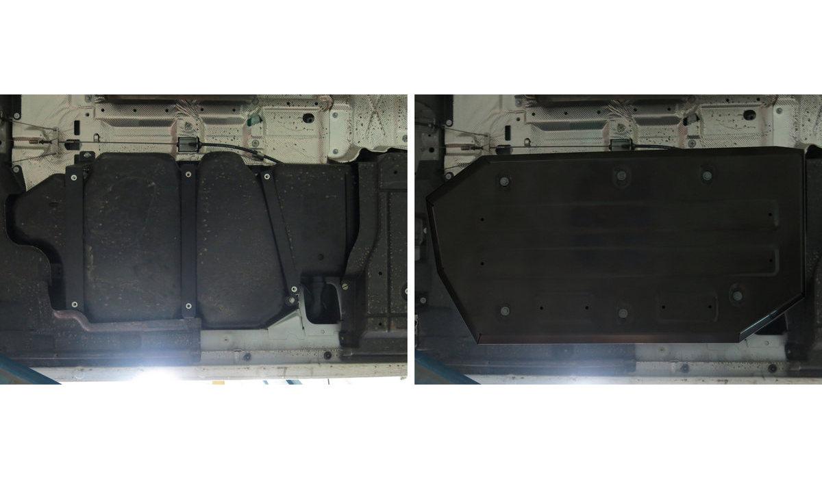 Защита топливного бака АвтоБроня для Volkswagen Transporter T5, T6 (V - 2.0; 2.0D) 2009-2019, штампованная, сталь 1.8 мм, с крепежом, 111.05843.1