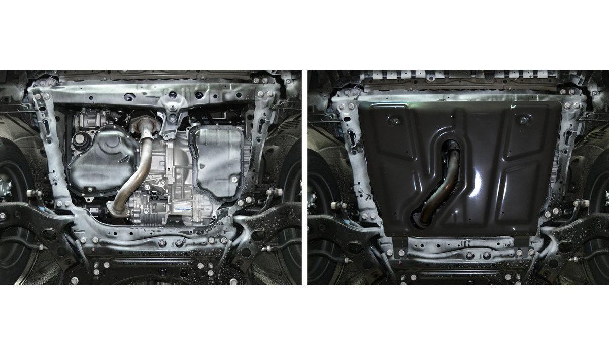 Защита картера и КПП АвтоБроня (с вырезом под глушитель) для Toyota RAV4 CA40 (V - 2.5) АКПП 2012-2019, штампованная, сталь 1.8 мм, с крепежом, 111.09506.1