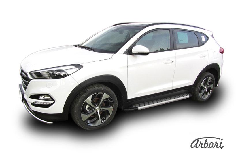 Пороги-подножки алюминиевые Arbori Standart Silver серебристые на Hyundai Tucson 2015, артикул AFZDAALHT4WD1505, Arbori (Россия)