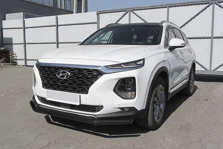 Защита переднего бампера d57+d42 двойная черная Hyundai Santa-Fe (2018-2021) , Slitkoff, арт. HSFT18-001B