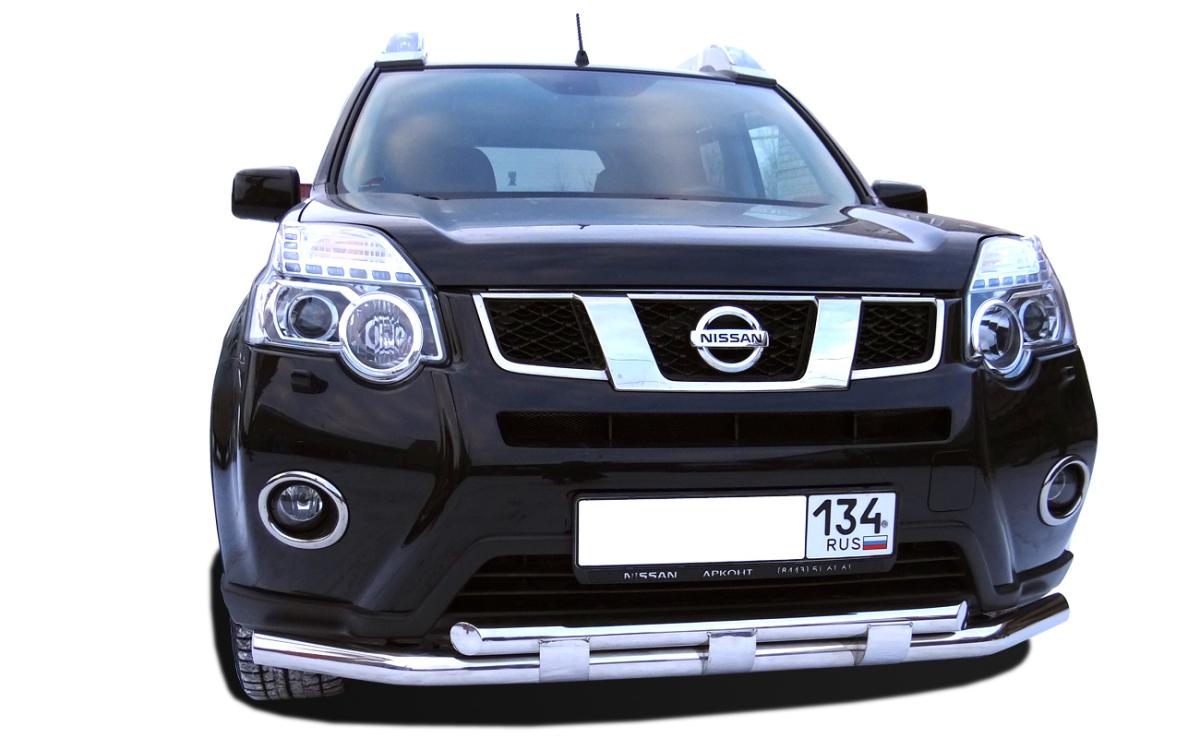 Защита переднего бампера труба двойная Nissan X-Trail (2007 - 2010) (60, 60 мм)