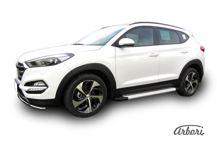 Пороги-подножки алюминиевые Arbori Optima Silver серебристые на Hyundai Tucson 2015, артикул AFZDAALHT4WD1502, Arbori (Россия)