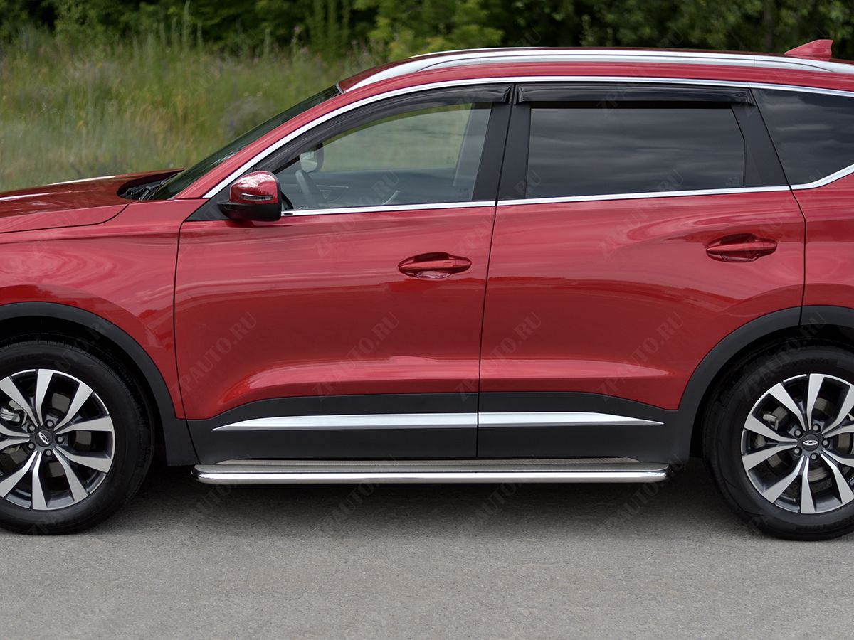 CHERY TIGGO 7 PRO 2020- Пороги труба d42 с листом (Лист нерж, проф. нерж) (вариант 3) CHT7L-0038743