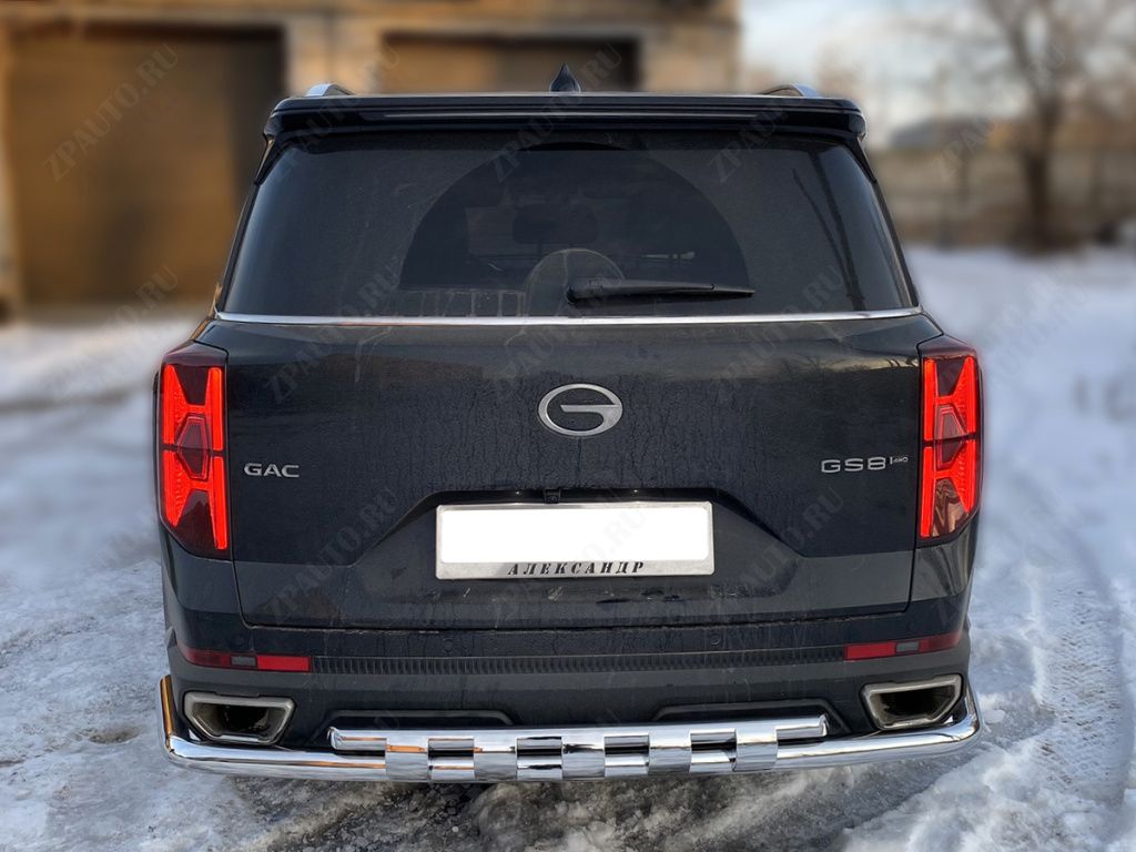 Защита заднего бампера полноразмерная двойная d-60+43 с доп.накладками для автомобиля GAC GS8 2021-наст.вр. арт. GGS8_3.2, Технотек