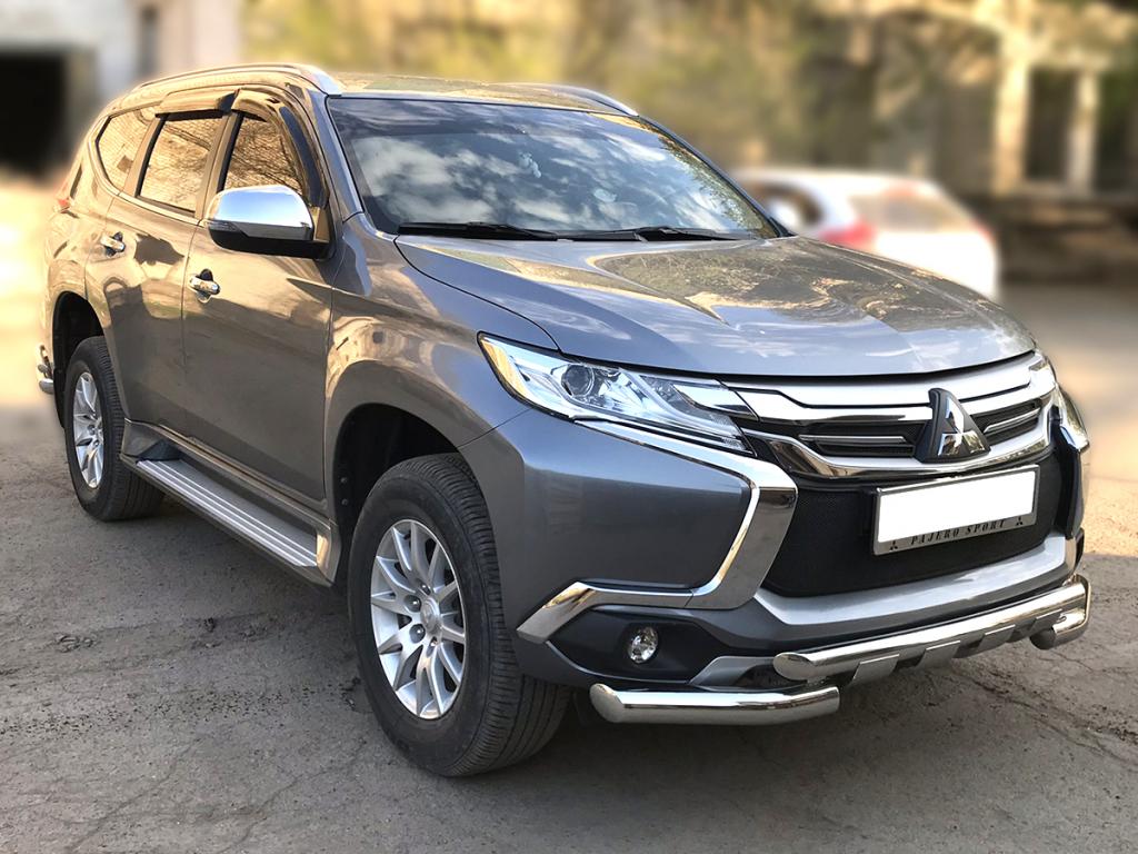 Защита переднего бампера d-76+60 с доп.накладками для автомобиля Mitsubishi Pajero Sport 2016-наст.вр., Технотек, арт. MPS16_1.2