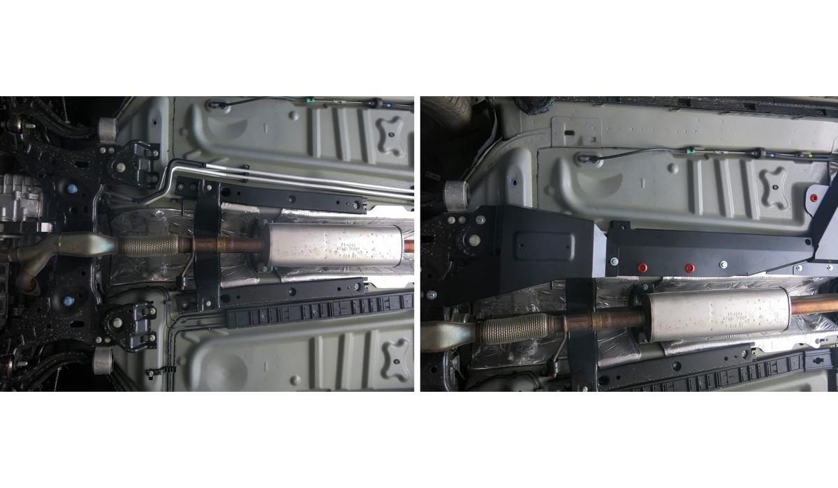Защита трубок кондиционера АвтоБроня для Ford Explorer V рестайлинг (V - 3.5) 2015-2019, штампованная, сталь 1.8 мм, 3 части, с крепежом, 111.01868.1