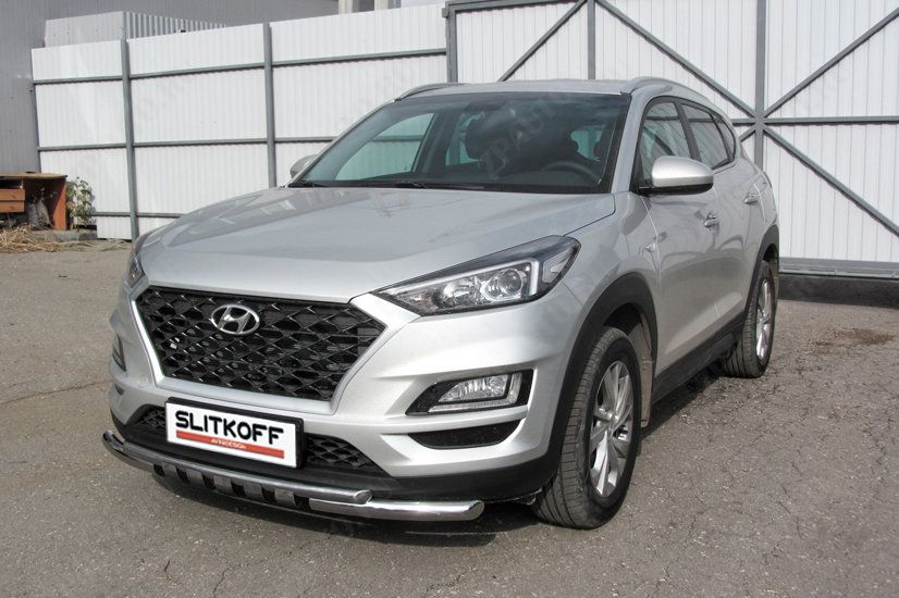 Защита переднего бампера d57+d42 двойная с декоративными элементами Hyundai Tucson Turbo (2018-2021) Black Edition, Slitkoff, арт. HT18T001BE