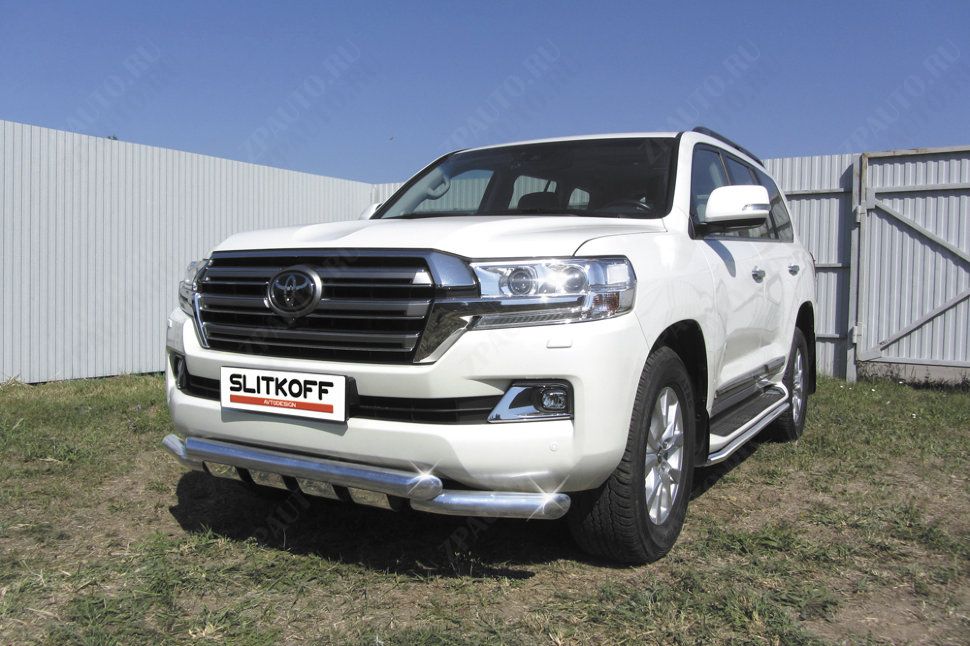 Защита переднего бампера d76+d76 двойная с профильной защитой картера Toyota Land Cruiser 200 (2015-2021) Black Edition, Slitkoff, арт. TLC2-15-001BE