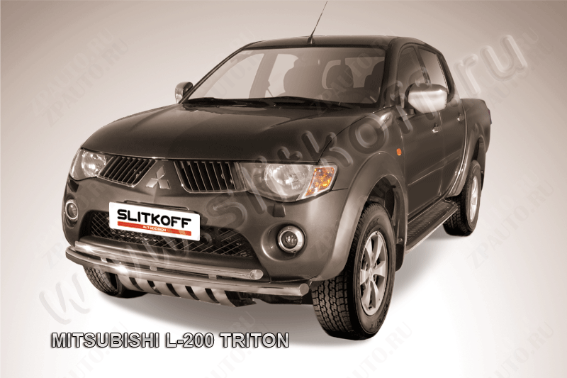 Защита переднего бампера d57+d57 двойная Mitsubishi L-200 Triton (2006-2015) Black Edition, Slitkoff, арт. ML009BE