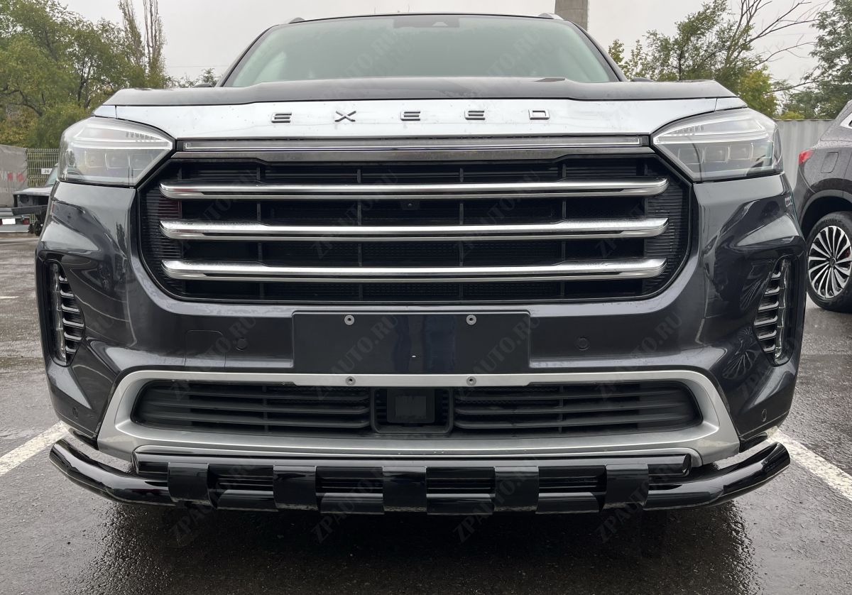 Защита переднего бампера двойная с перемычками с покрытием черный глянец для автомобиля CheryExeed VX 2022 арт. CHEVX.22.75-1