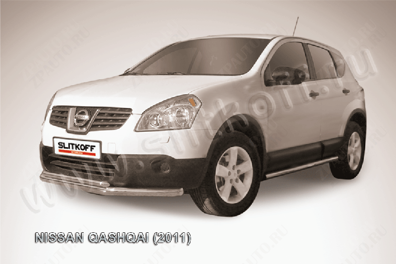 Защита переднего бампера d57+d42 двойная длинная Nissan Qashqai (2010-2013) Black Edition, Slitkoff, арт. NIQ11-001BE