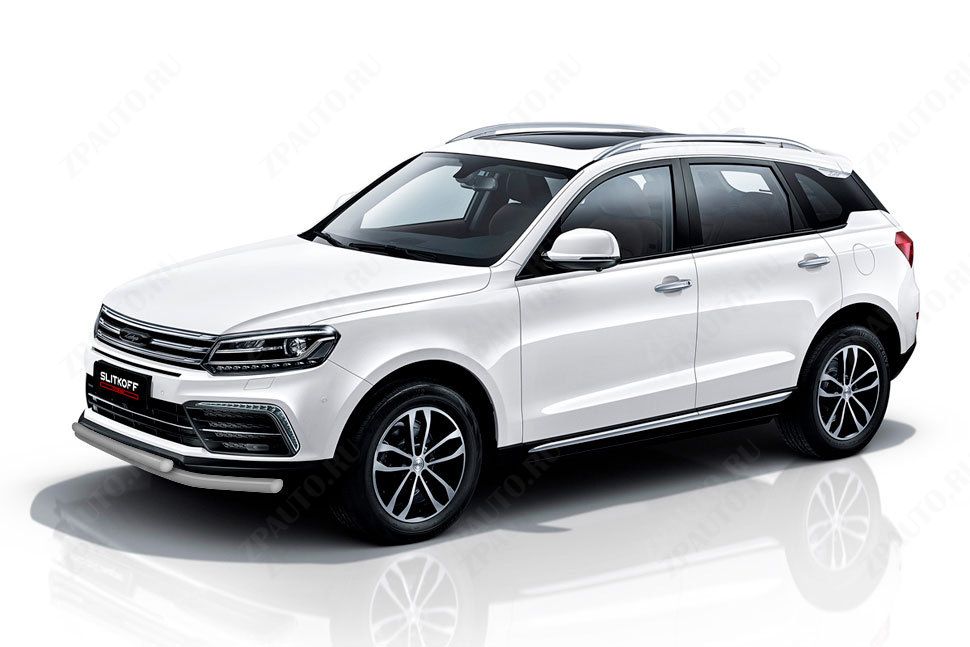 Защита переднего бампера d57+d57 серебристая Zotye Coupa (2013-2023) , Slitkoff, арт. ZOTCOP-002S