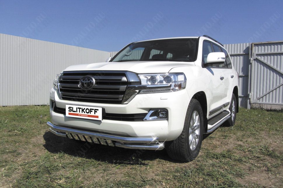Защита переднего бампера d57+d57 двойная с защитой картера Toyota Land Cruiser 200 (2015-2021) Black Edition, Slitkoff, арт. TLC2-15-003BE