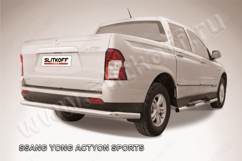 Защита заднего бампера d76 длинная SsangYong Actyon Sport (2012-2016) Black Edition, Slitkoff, арт. SYAS013BE