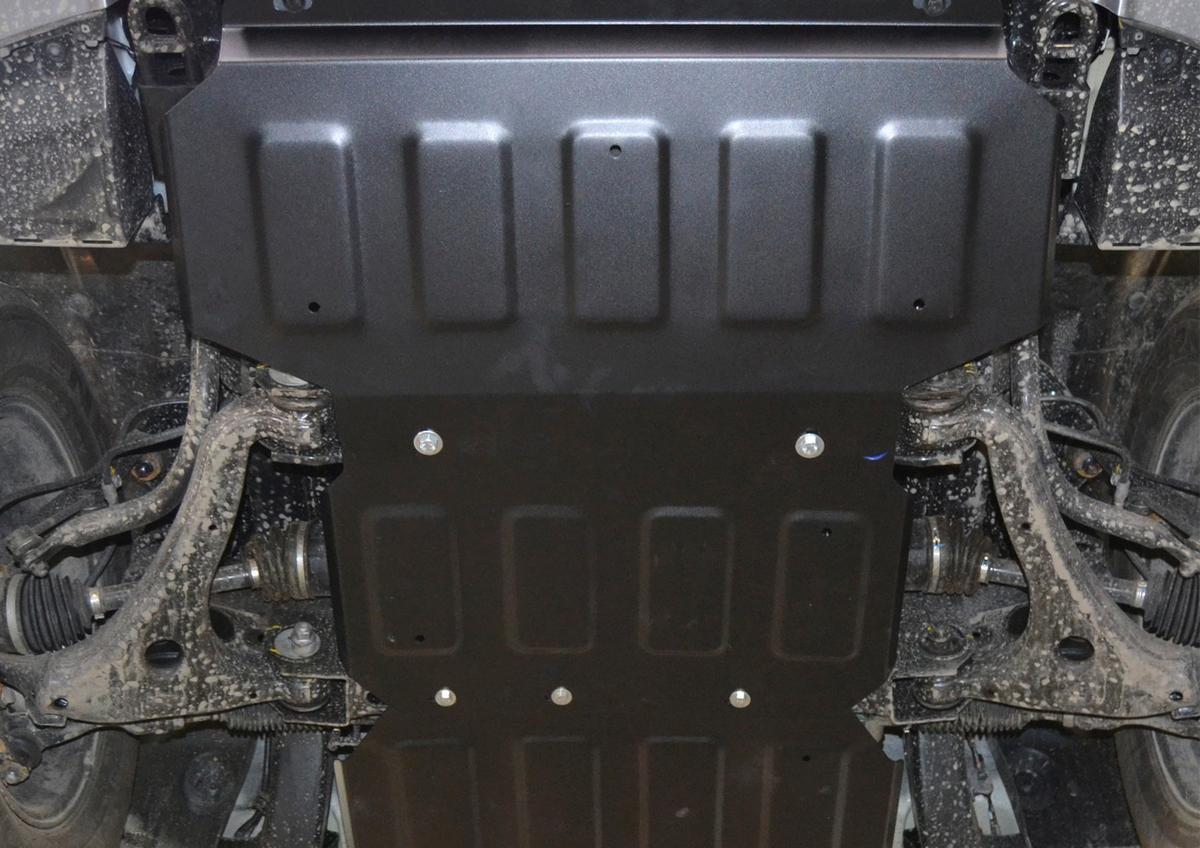 Защита картера АвтоБроня для Kia Mohave I рестайлинг (V - все) 2017-2020, штампованная, сталь 1.8 мм, 2 части, с крепежом, 111.02838.1