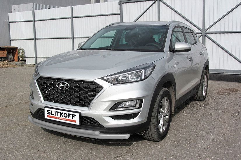 Защита переднего бампера d57+d42 двойная серебристая Hyundai Tucson Turbo (2018-2021) , Slitkoff, арт. HT18T001S