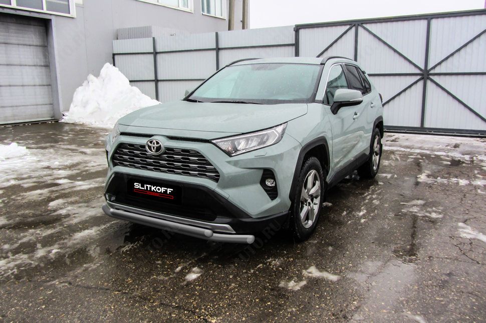 Защита переднего бампера d57+d42 двойная серебристая Toyota Rav-4 (2018-2023) , Slitkoff, арт. TR419-001S