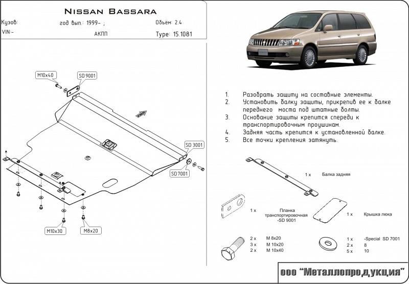 15.1081 Защита картера и КПП Nissan Bassara U30 V-2.4 (1999-2003) (сталь 2,0 мм)