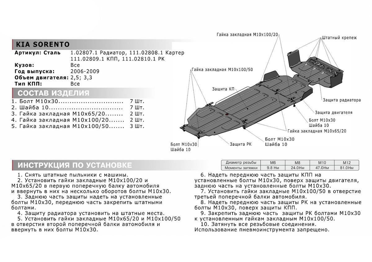 Защита радиатора АвтоБроня для Kia Sorento I рестайлинг (V - 2.5D; 3.3) 2006-2009, штампованная, сталь 1.8 мм, без крепежа, 1.02807.1