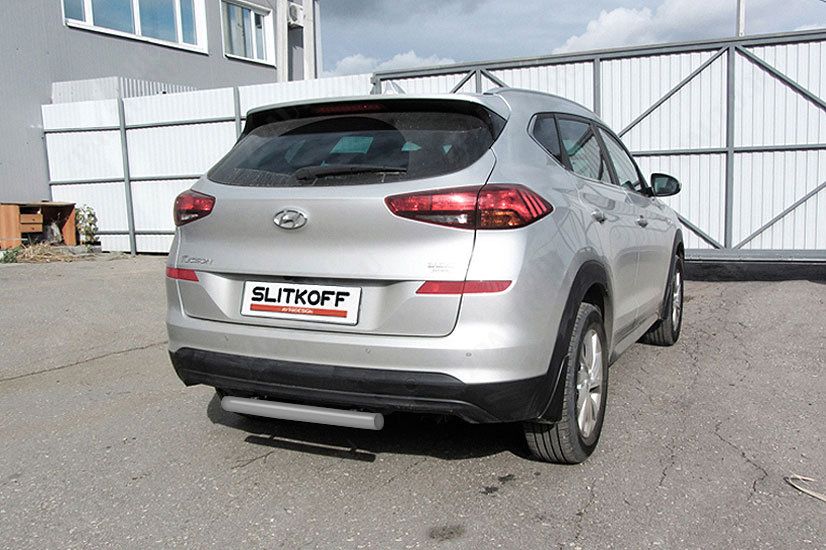 Защита заднего бампера d57 короткая серебристая Hyundai Tucson Turbo (2018-2021) , Slitkoff, арт. HT18T005S