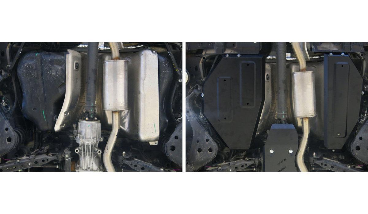 Защита топливного бака АвтоБроня для Renault Koleos II (V - 2.0; 2.0D; 2.5) 4WD 2016-2020, штампованная, сталь 1.8 мм, 2 части, с крепежом, 111.04149.1