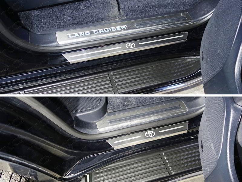 Накладки на пороги с гибом (лист шлифованный логотип Toyota) 4шт для автомобиля Toyota Land Cruiser 200 2015- (кроме EXECUTIVE)