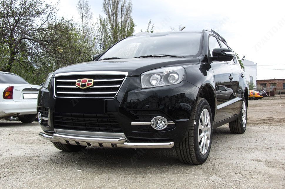 Защита переднего бампера d57+d57 двойная с профильной ЗК Geely Emgrand X7 (2016-2019) Black Edition, Slitkoff, арт. GAFX716001BE